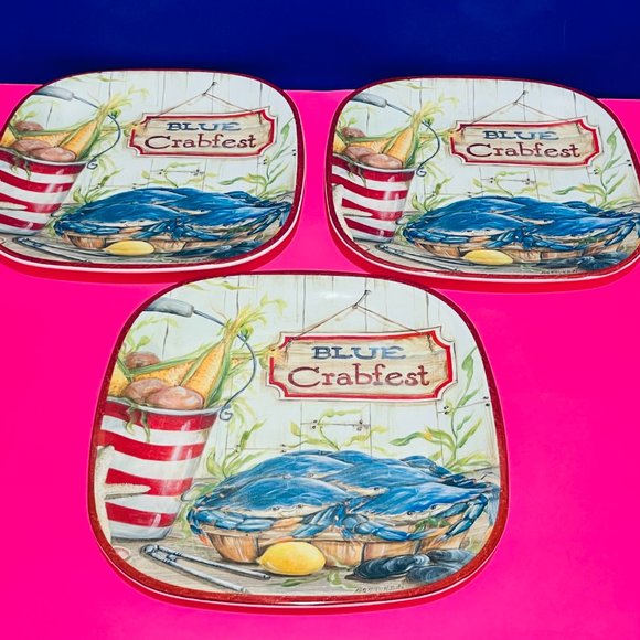 NEW… Set of Three Blue Crabfest Plates, Certified International ~ Kate McRostie - Picture 13 of 13